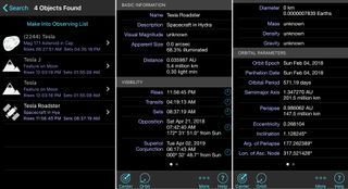 The left panel shows the search results after "Tesla" was typed into SkySafari's search bar. If the Roadster doesn't appear, try updating the app's minor-body catalog. On the right, the Tesla Roadster's Info page provides the rise, transit and setting times for your location, and the object's current orbital parameters.
