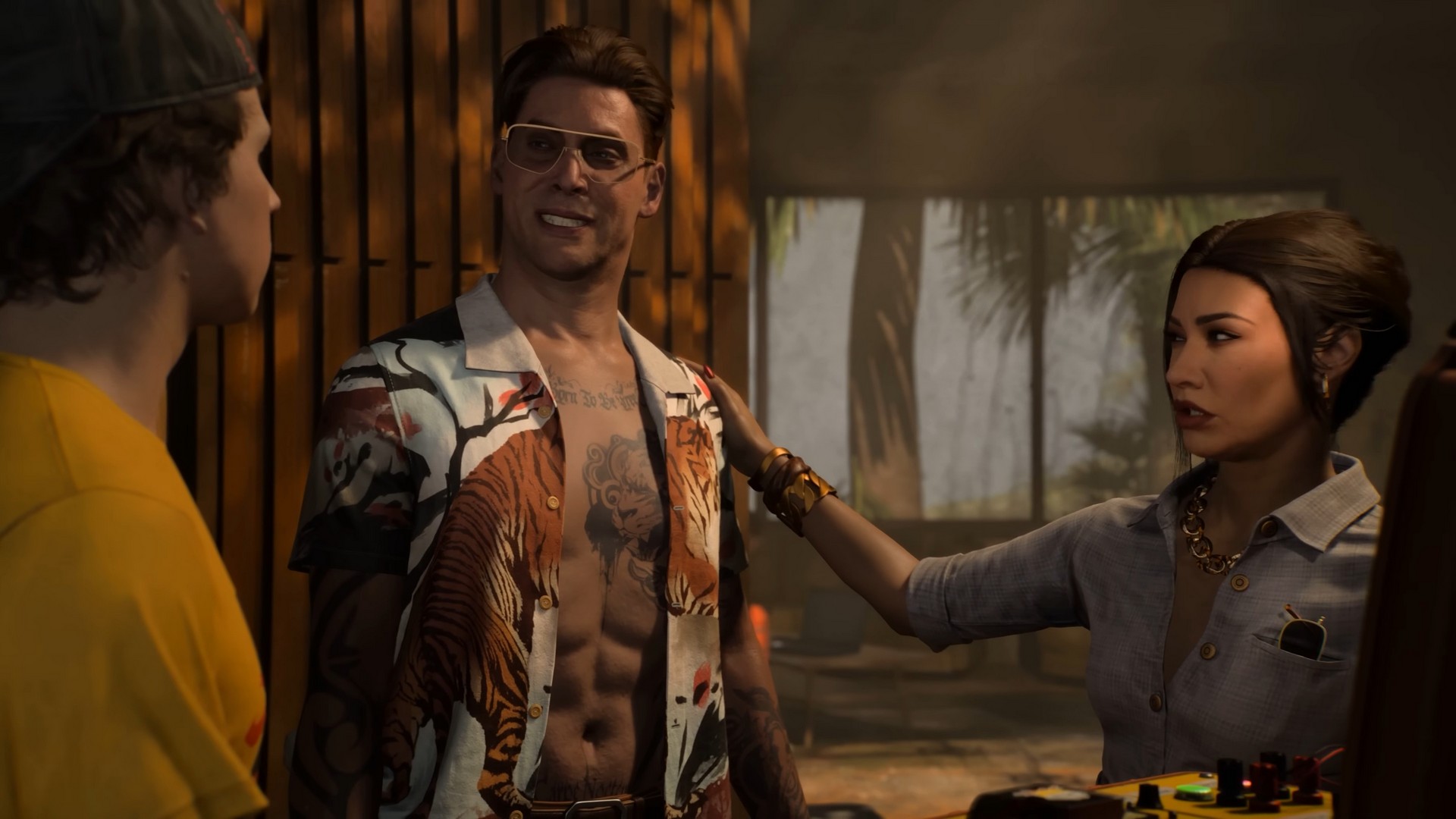 A man with glasses, a Hawaiian shiret, and chest tattoos grins awkwardly as he meets other people in Until Dawn 2