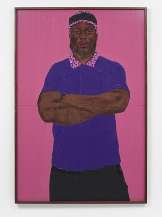 Portrait of a figure on a pink background by Serge Attukwei Clottey