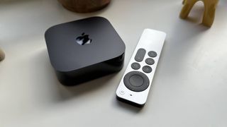 The hardware and remote for Apple TV 4K in 2022.