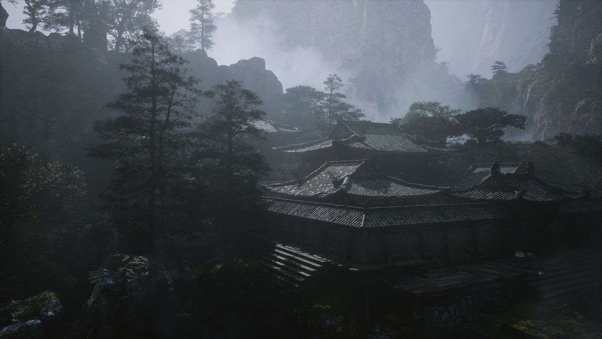 A screenshot from Black Myth: Wukong showcasing the use of maximum graphics settings, including ray tracing, upscaling, and frame generation