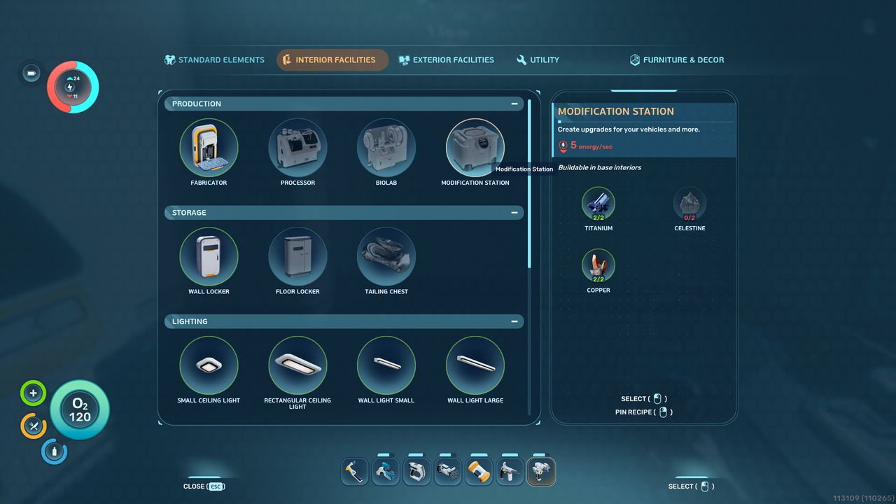 Subnautica 2 Bioscanner: The Modification Station recipe in the Habitat Builder menu.