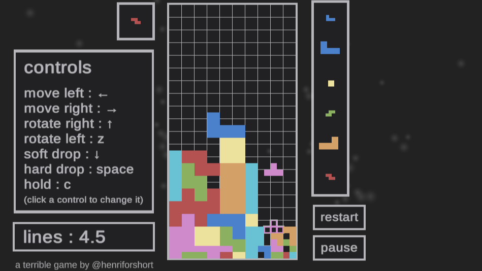 A screenshot of the game Tetris. Blocks fall from the top of the