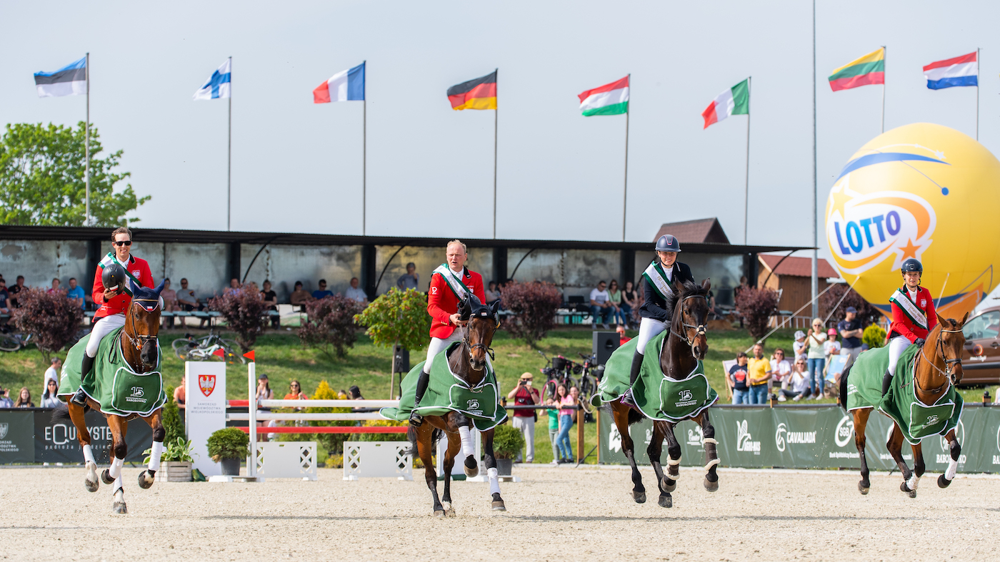 The victorious Polish side enjoy a lap of honour after securing Poland&amp;rsquo;s team eventing qualification for Paris 2024.