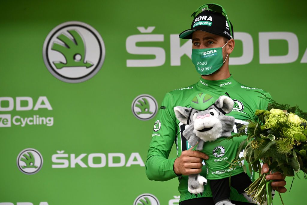LARUNS FRANCE SEPTEMBER 06 Podium Peter Sagan of Slovakia and Team Bora Hansgrohe Green Points Jersey Celebration during the 107th Tour de France 2020 Stage 9 a 153km stage from Pau to Laruns 495m TDF2020 LeTour on September 06 2020 in Laruns France Photo by Marco Bertorello PoolGetty Images