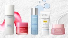 A collage of the best Laneige products tested and featured in this guide, including the Cream Skin toner, the Berry Sleeping Lip mask, the Water Bank Facial, Hydro UV Sunscreen and Bouncy & Firm Eye Sleeping Mask, arranged in a line on a paper-effect background with three lip mask and moisturiser swatch stock images.