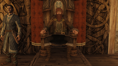 A jarl sits on his throne in Skyrim.