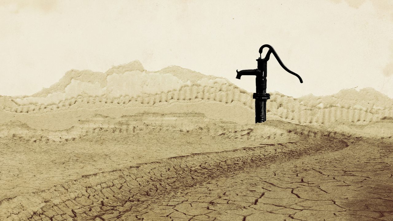 Photo collage of a water pump sitting atop dry, cracked earth