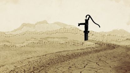 Photo collage of a water pump sitting atop dry, cracked earth