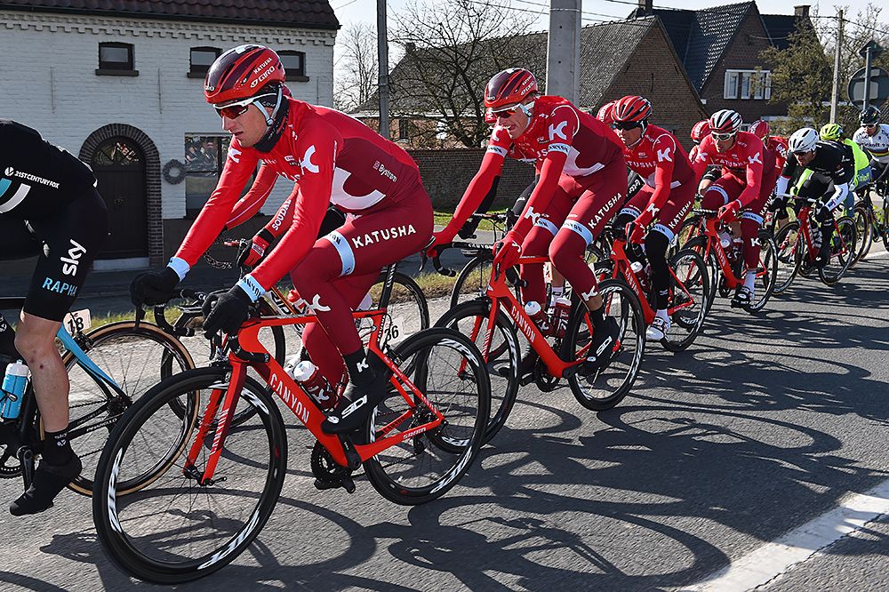 Katusha team riding together in the field at Kuurne-Brussel-Kuurne