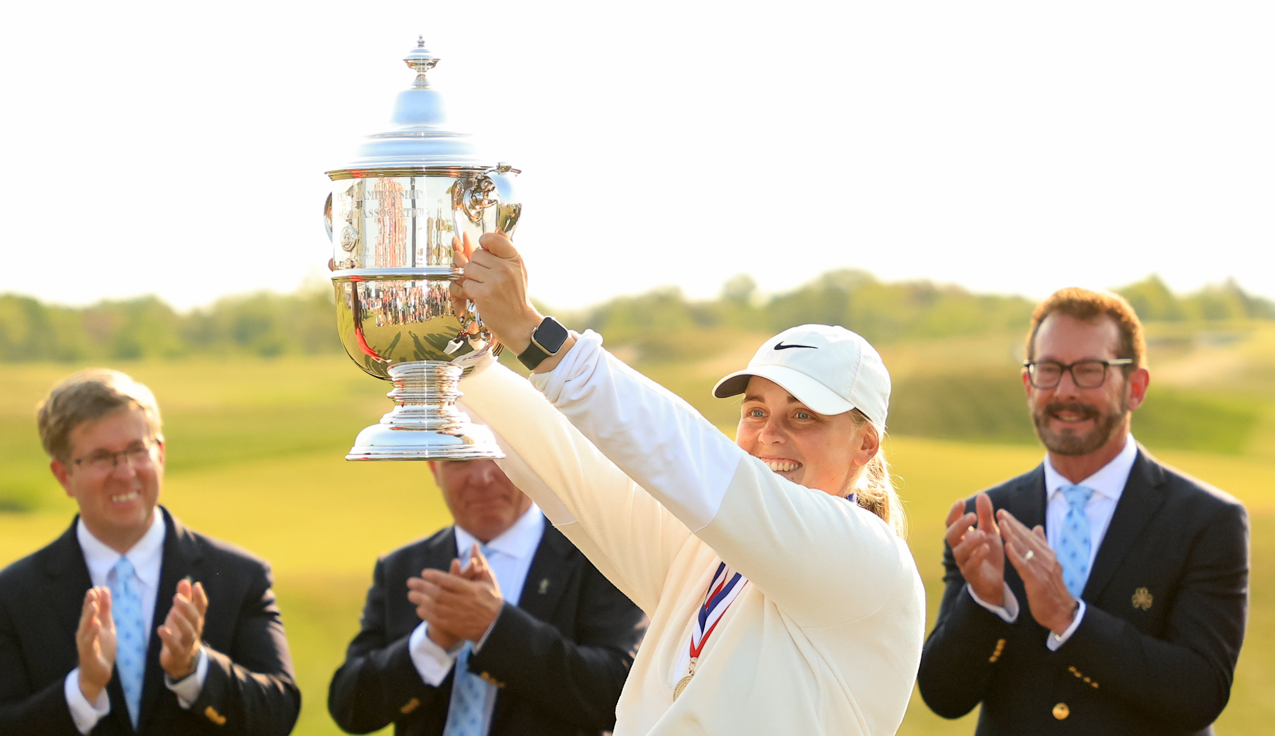 Maja Stark holds the US Women&#039;s Open trophy