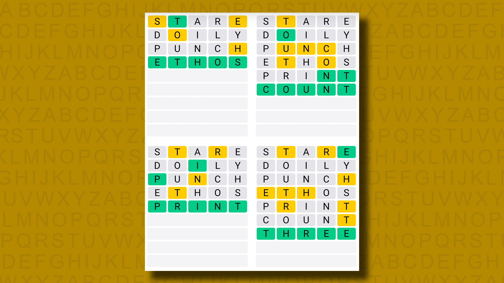 Quordle's answers for game 967 on yellow background