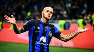Federico Dimarco celebrates after his wonder goal for Inter against Frosinone in November 2023.