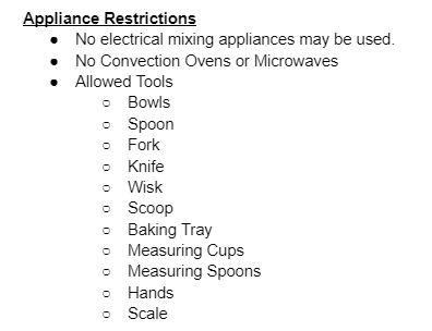 An image of a google doc outlining the permitted appliances for a bake 12 cookies speedrun.