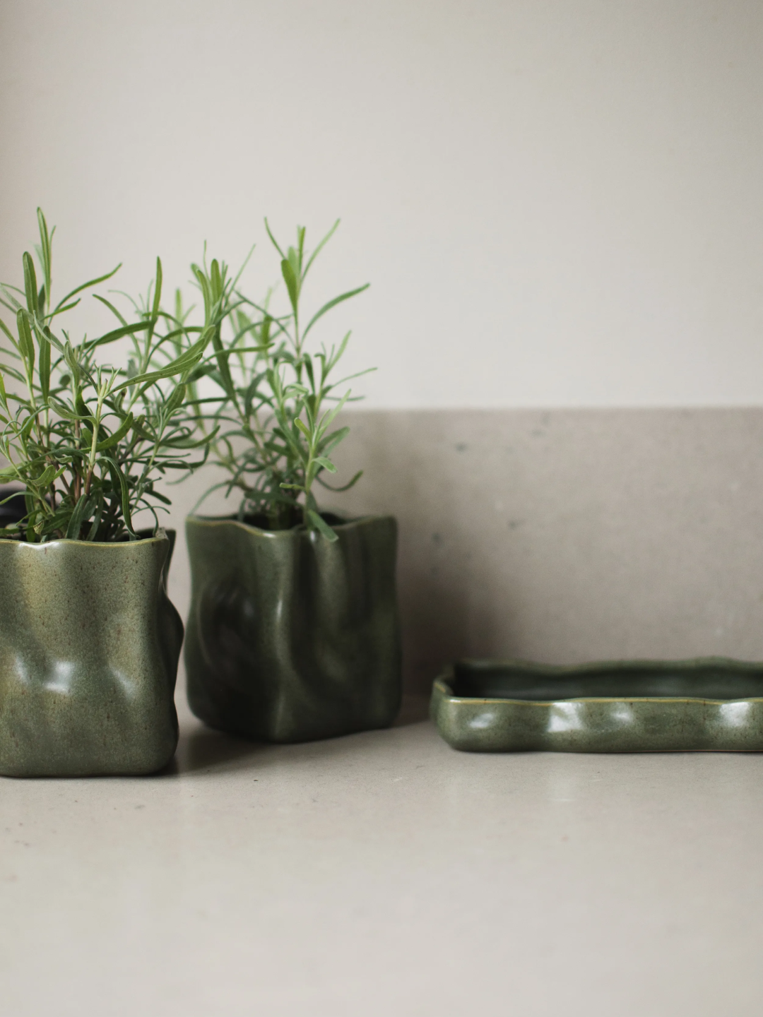 A set of moss green herb pots