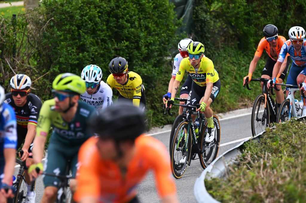 ALTSASU SPAIN APRIL 03 Primoz Roglic of Slovenia and Team BORA hansgrohe Yellow leader jersey competes during the 63rd Itzulia Basque Country 2024 Stage 3 a 1909km stage from Ezpeleta to Altsasu 526m UCIWT on April 03 2024 in Altsasu Spain Photo by Tim de WaeleGetty Images