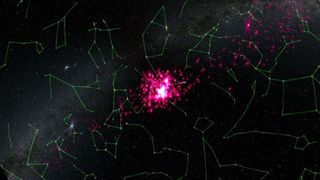 The Hyades star cluster (pink) curls across the sky amid well-known constellations (green). The cluster is at the center of a controversial new study proposing an alternative to Newton's theory of gravity.