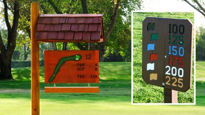 Two golf course signs showing a hole and its yardage and another showing flag distances on the driving range