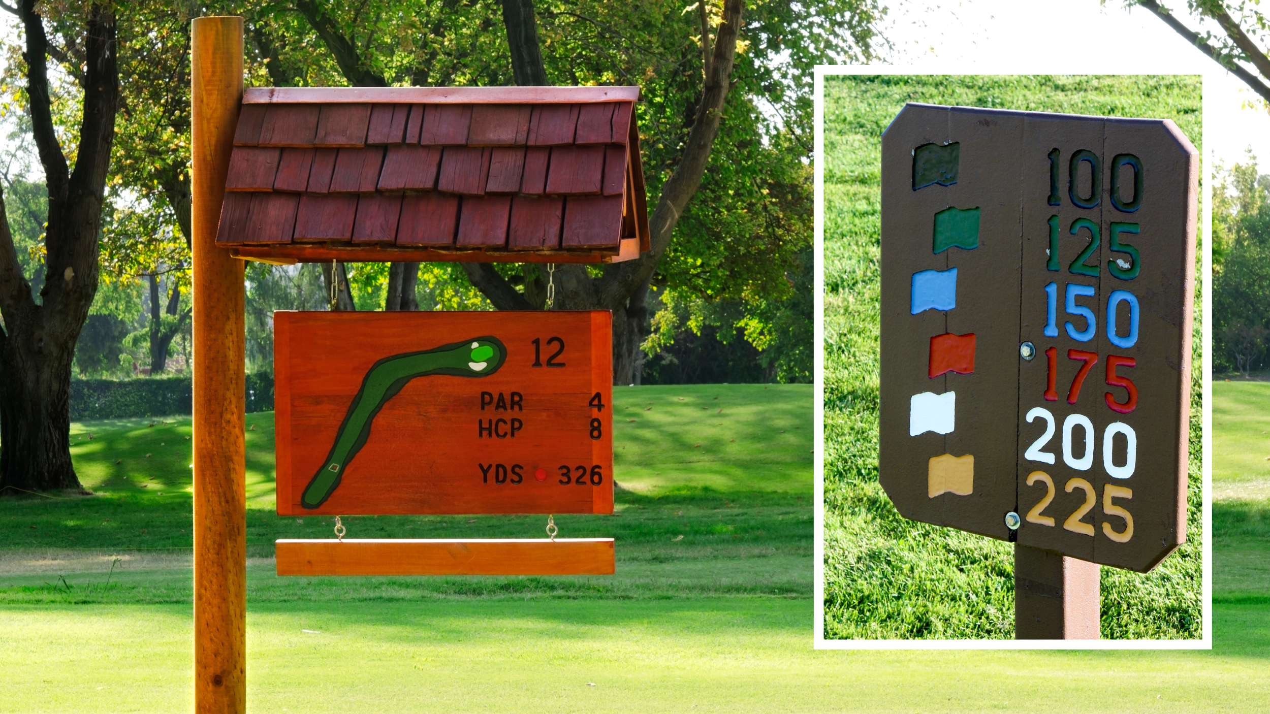 Two golf course signs showing a hole and its yardage and another showing flag distances on the driving range