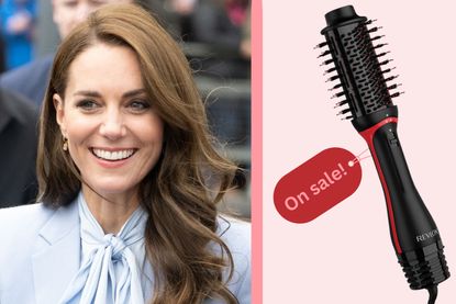 a collage showing the Revlon volumiser on sale in the Amazon Beauty sale next to a picture of Kate Middleton
