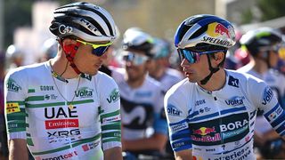 Juan Ayuso of Spain and UAE Team Emirates - Green Leader Jersey and Primoz Roglic of Slovenia and Team Red Bull- BORA - Hansgrohe - Blue Points Jersey prior to the 104th Volta Ciclista a Catalunya 2025 in March 2025