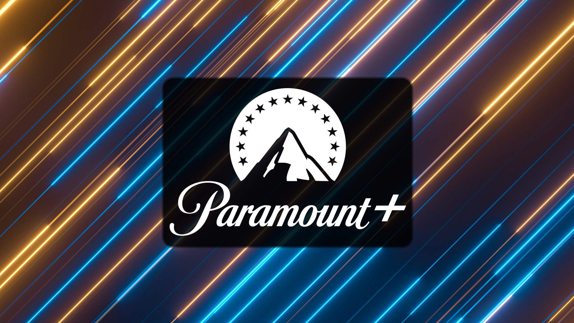 Paramount+ logo with yellow and blue lasers in background