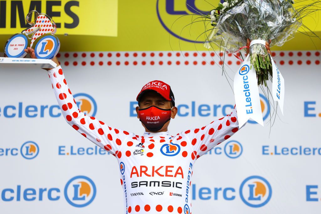 NMES FRANCE JULY 08 Nairo Quintana of Colombia and Team Arka Samsic Polka Dot Mountain Jersey celebrates at podium during the 108th Tour de France 2021 Stage 12 a 1594km stage from SaintPaulTroisChateaux to Nimes Trophy LeTour TDF2021 on July 08 2021 in Nmes France Photo by Tim de WaeleGetty Images