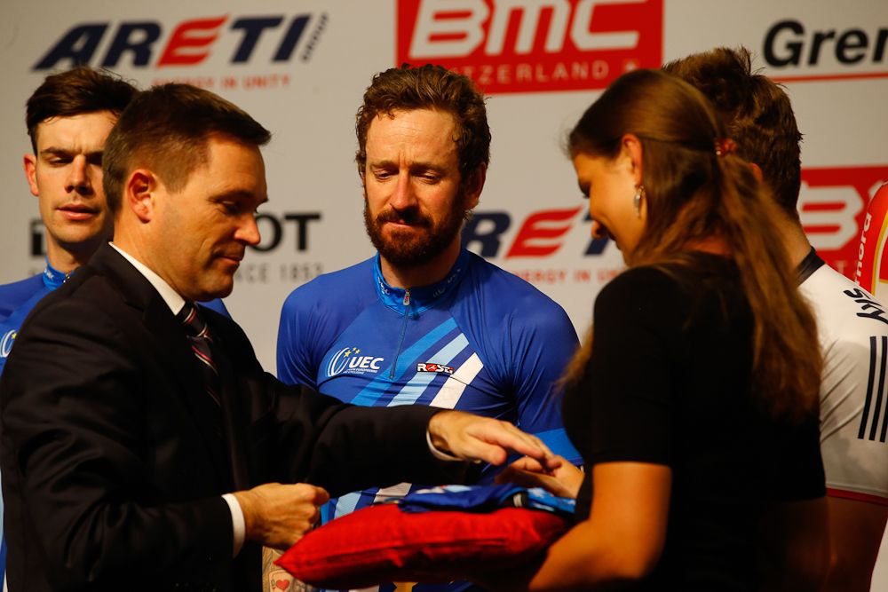 Bradley Wiggins on the podium.