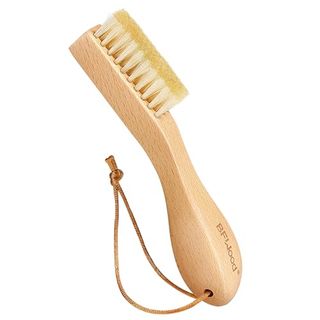 soft bristled Laundry Stain Brush made of Natural Soft Boar Bristle and with a brown loop to hang it and dry