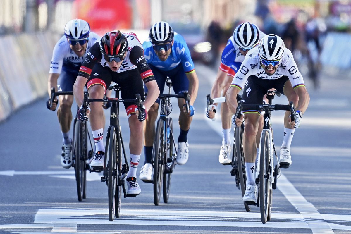 Julian Alaphilippe (Deceuninck-Quickstep R) misses out to Tadej Pogacar (UAE Team EMirates L) in Liège-Bastogne-Liège 2021