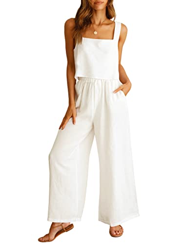 Anrabess Women's 2 Piece Outfits Linen Pants Jumpsuit Matching Lounge Set Casual Summer Beach Vacation Trendy Clothes White Medium