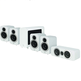 The Q Acoustics 3050i 5.1 system in white on a white background.