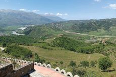 Vineyards in a wide valley with a river and mountains in the background
