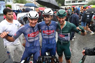 SANTANDER SPAIN SEPTEMBER 04 LR Maurice Ballerstedt of Germany Edward Planckaert of Belgium and and stage winner Kaden Groves of Australia and Team Alpecin Deceuninck Green Points Jersey react after the La Vuelta 79th Tour of Spain 2024 Stage 17 a 1415km stage Arnuero to Santander UCIWT on September 04 2024 in Santander Spain Photo by Dario BelingheriGetty Images