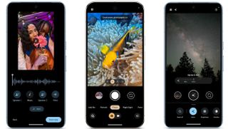 Images of the Pixel's Audio Magic Eraser, underwater photography, and astrophotography