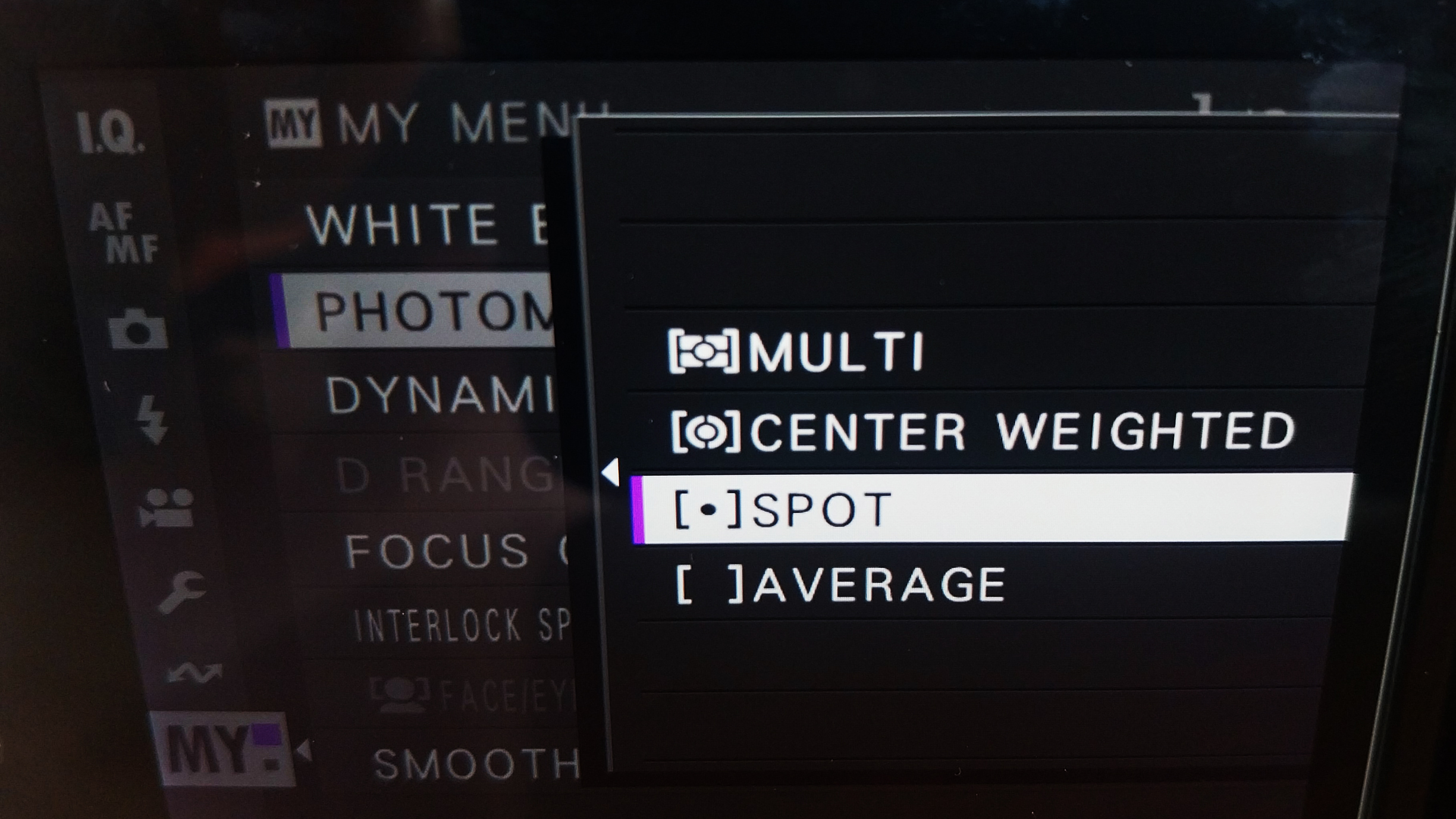 Camera menu showing the Spot Metering mode