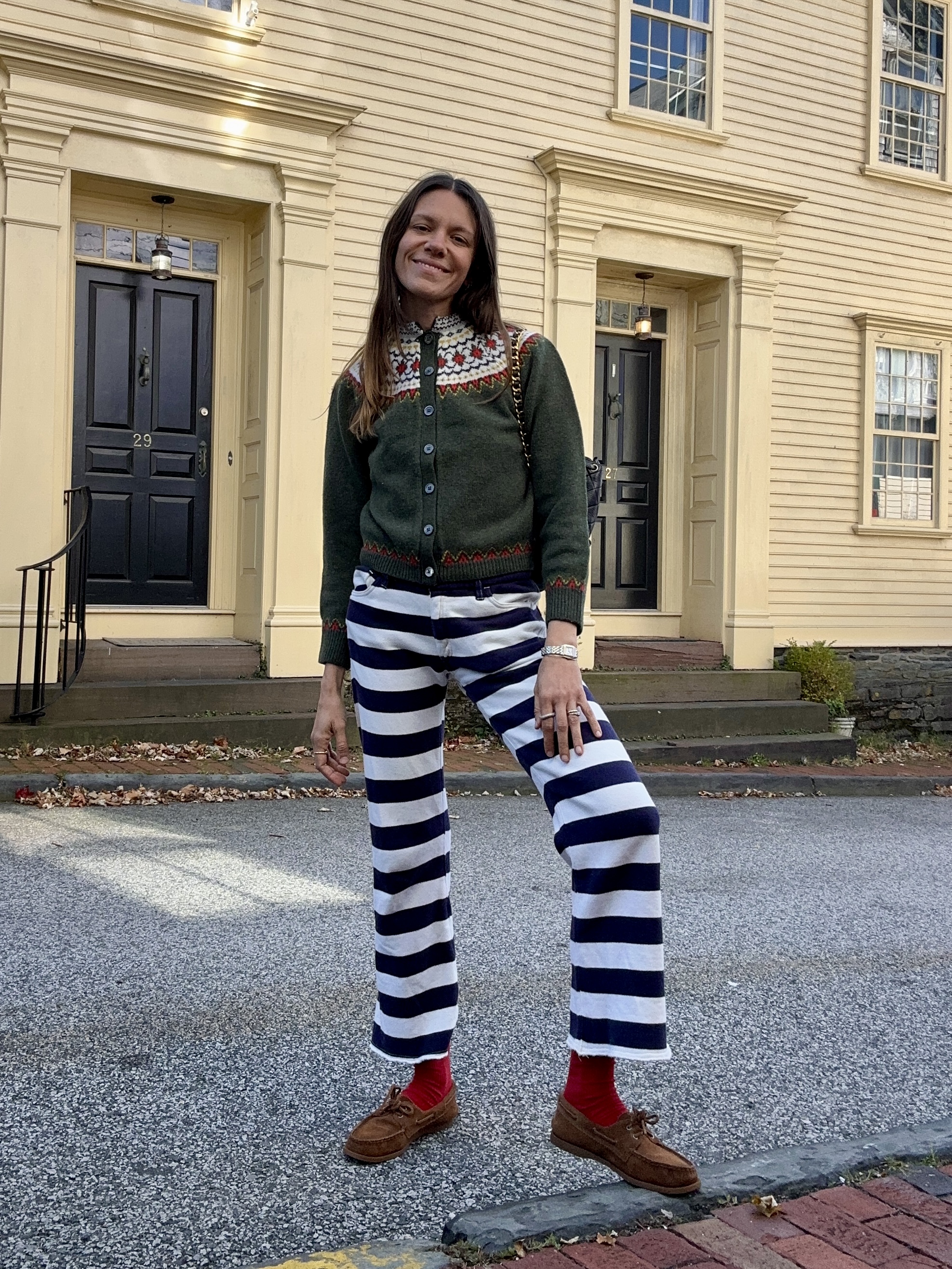 Julia Gall wearing a fair isle sweater outfit