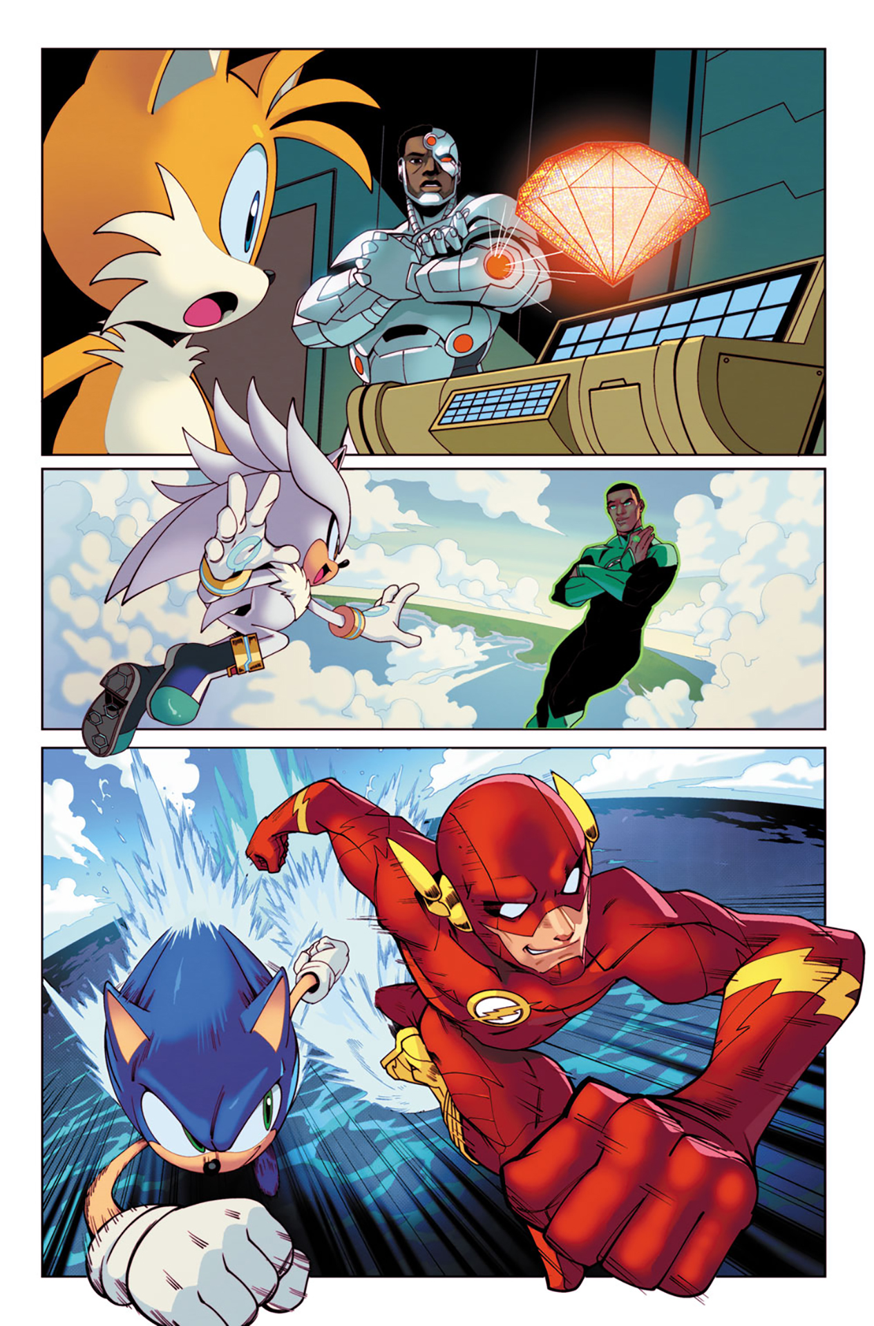 Tails encountering Cyborg, Silver meeting Green Lantern, and Sonic racing the Flash