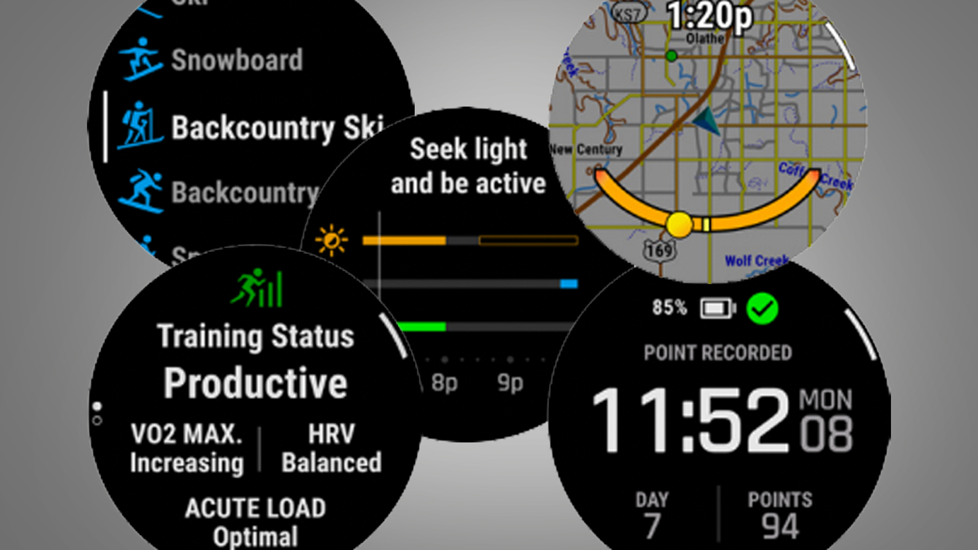 Screenshots showing new Garmin features in the February 2023 software update