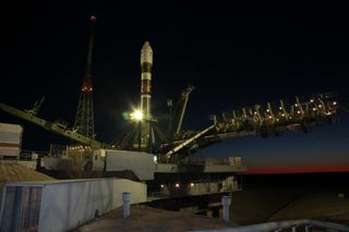 This amazing view shows Russia's animal-carrying Bion-M1 spacecraft atop its Soyuz rocket awaiting launch from a pad at Baikonur Cosmodrome, Kazakhstan.
