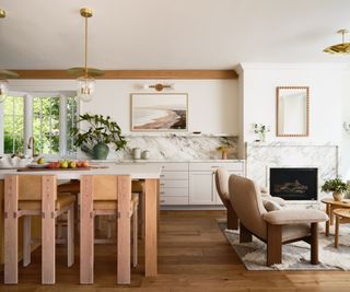 kitchen with island and chunky stools