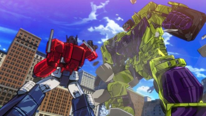 Optimus Prime faces off against a big Decepticon.