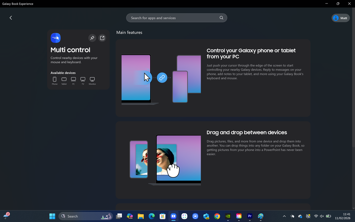 Screenshot showing Samsung's apps in Windows 11 on the Samsung Galaxy Book6 Ultra