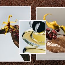 collage of merit's new wave fragrance with images of flowers and glass on a brown background