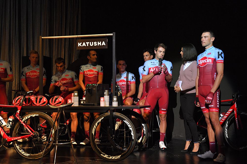 Alex Dowsett speaks at the Katusha-Alpecin team presentation