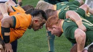 Allan Alaalatoa of the Wallabies and Steven Kitshoff of the Springboks head to head in a scrum during The Rugby Championship match between the Australian Wallabies and the South African Springboks