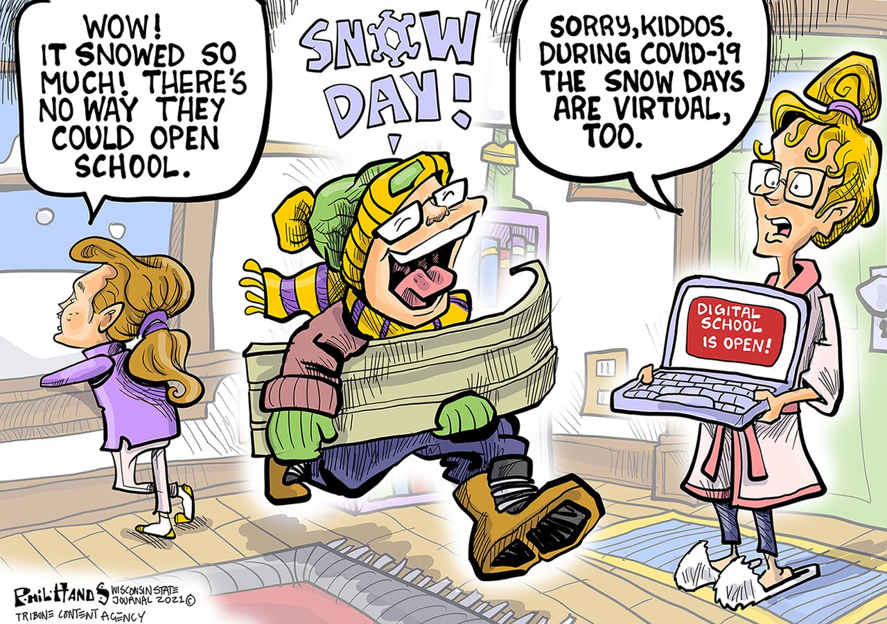 Editorial Cartoon U.S. covid remote learning snow day