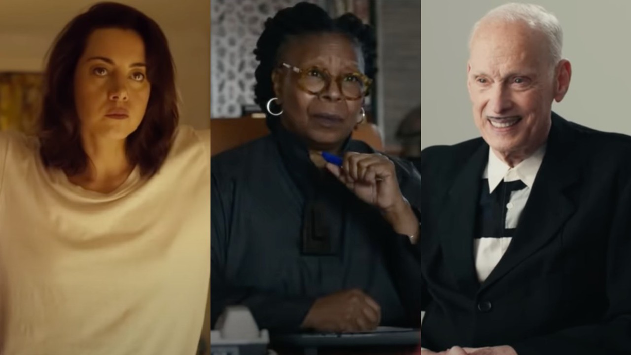 Side by side by side of a somber Aubrey Plaza in Honey Don&#039;t!, an inquisitive Whoopi Goldberg in Harlem and a smiling John Waters in a W Magazine interview.
