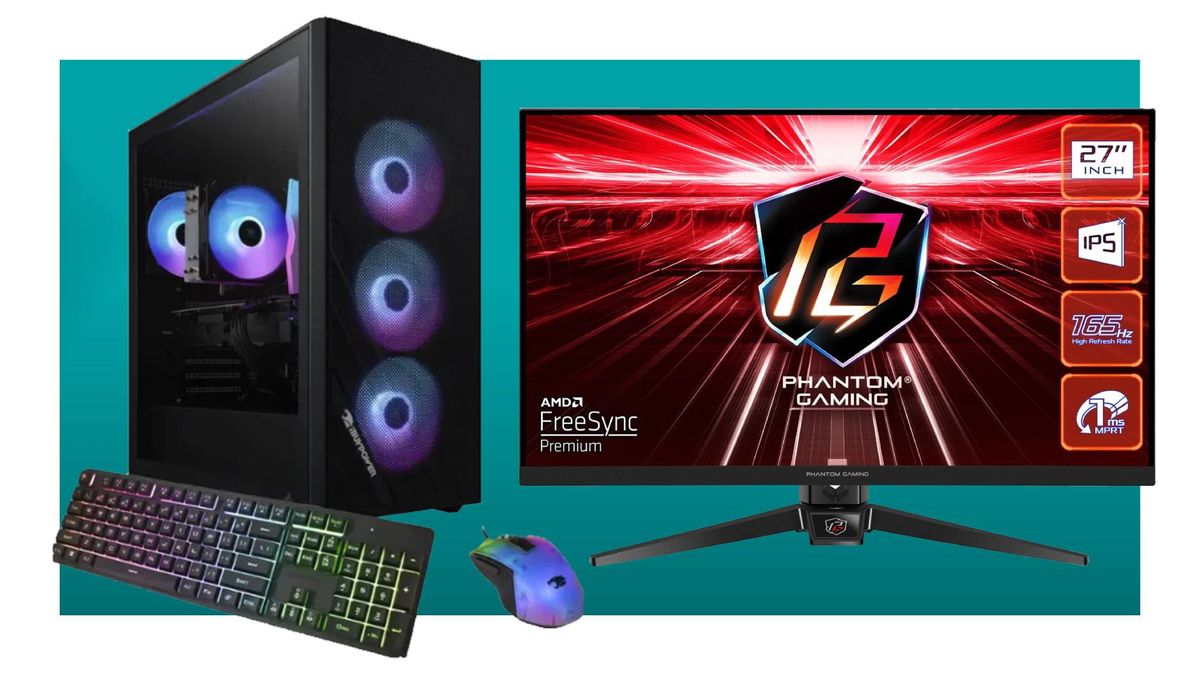 An iBuypower gaming PC with mouse and keyboard, plus an ASRock Phantom gaming 27-inch 1080p IPS monitor on a teal deals background