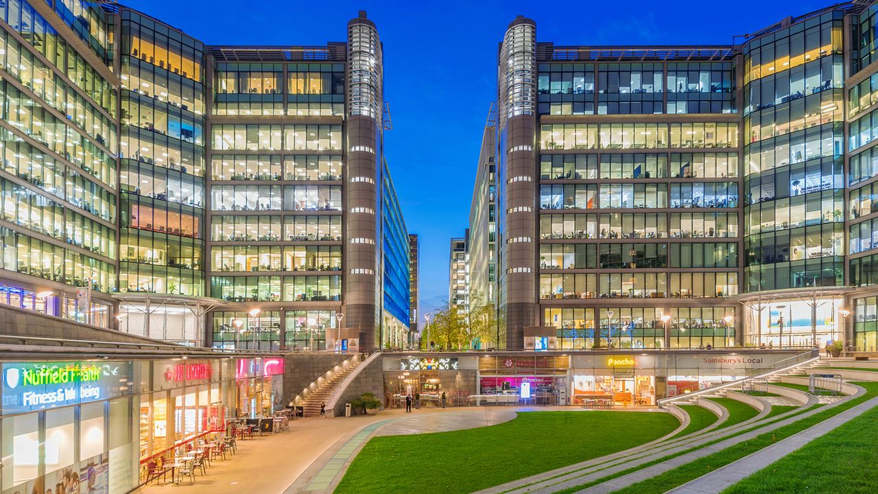 London: Night view of a modern office complex in Paddington on October 31, 2017 in London